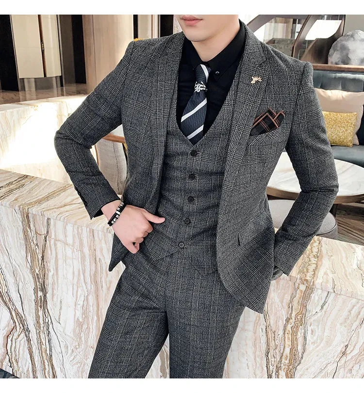 High Quality British Korean Modified Plaid Men (suit   Vest   Trousers) Stylish and Handsome Business Casual Three-piece Suit