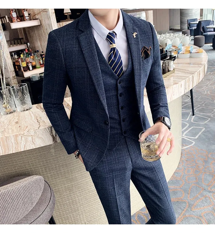 High Quality British Korean Modified Plaid Men (suit   Vest   Trousers) Stylish and Handsome Business Casual Three-piece Suit