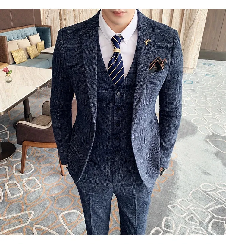 High Quality British Korean Modified Plaid Men (suit   Vest   Trousers) Stylish and Handsome Business Casual Three-piece Suit