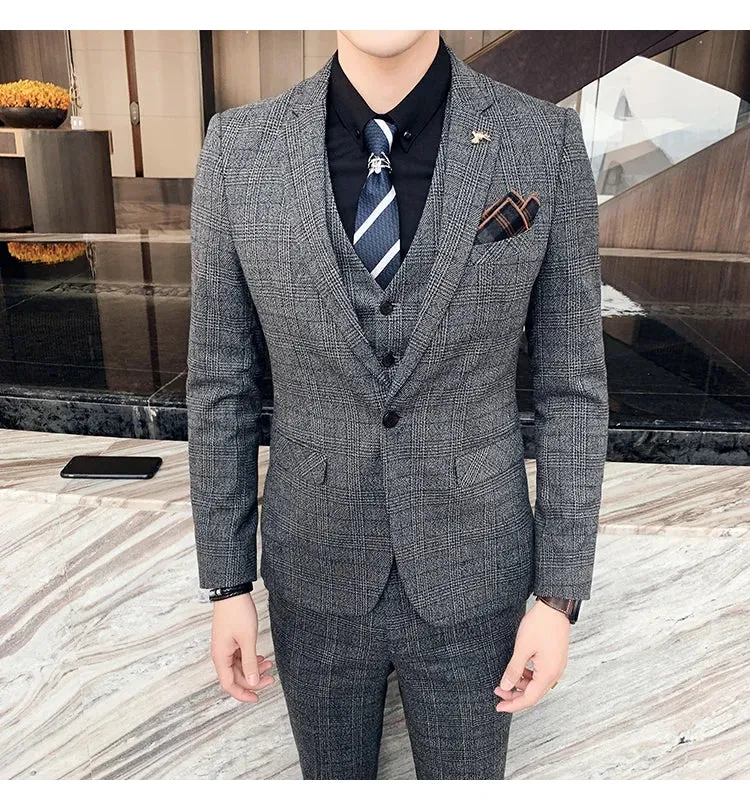 High Quality British Korean Modified Plaid Men (suit   Vest   Trousers) Stylish and Handsome Business Casual Three-piece Suit