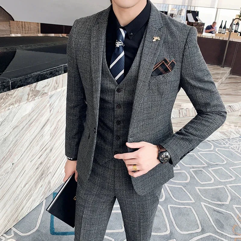 High Quality British Korean Modified Plaid Men (suit   Vest   Trousers) Stylish and Handsome Business Casual Three-piece Suit