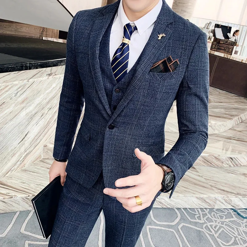 High Quality British Korean Modified Plaid Men (suit   Vest   Trousers) Stylish and Handsome Business Casual Three-piece Suit