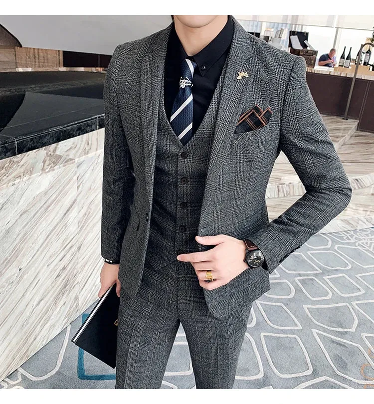 High Quality British Korean Modified Plaid Men (suit   Vest   Trousers) Stylish and Handsome Business Casual Three-piece Suit