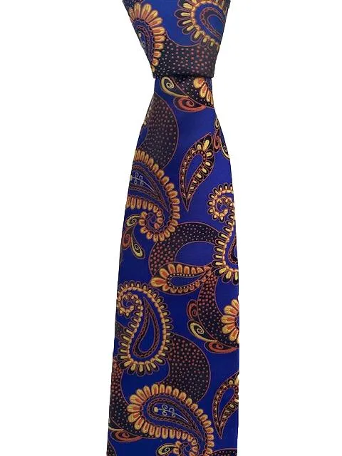 Indigo Blue Tie with Orange and Yellow Paisley Pattern