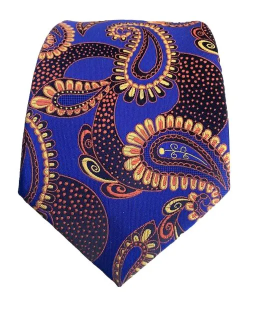 Indigo Blue Tie with Orange and Yellow Paisley Pattern