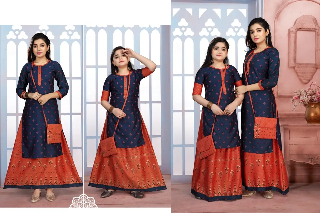 Like Mom Like Daughter Dark Blue Stylish Printed Rayon Kurti With Skirt