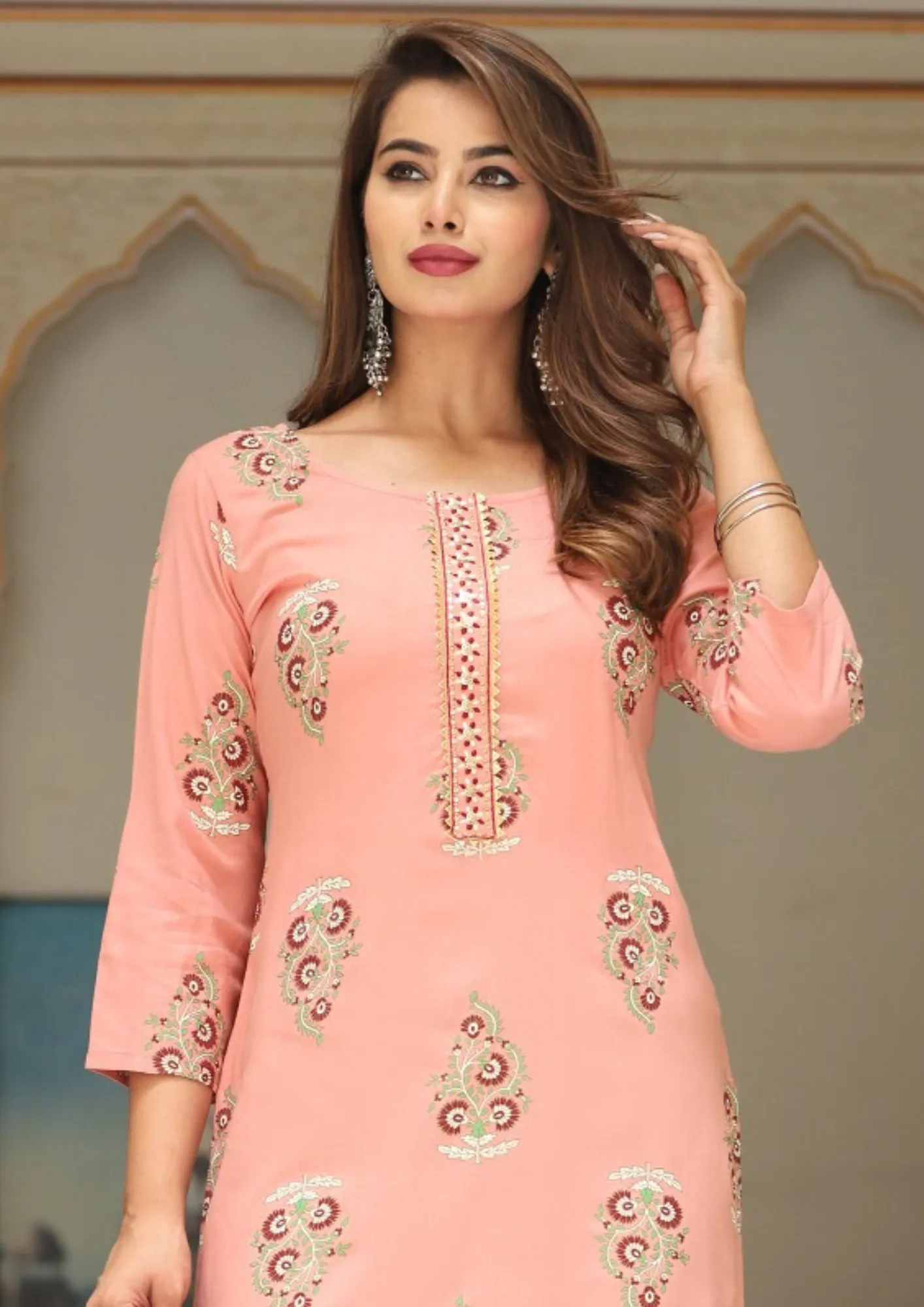 Lovely Pink Color Fancy Embroidery Work With Rayon Kurti For Women