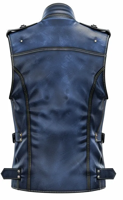 Men Blue Distressed Leather Vest