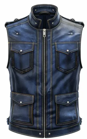 Men Blue Distressed Leather Vest