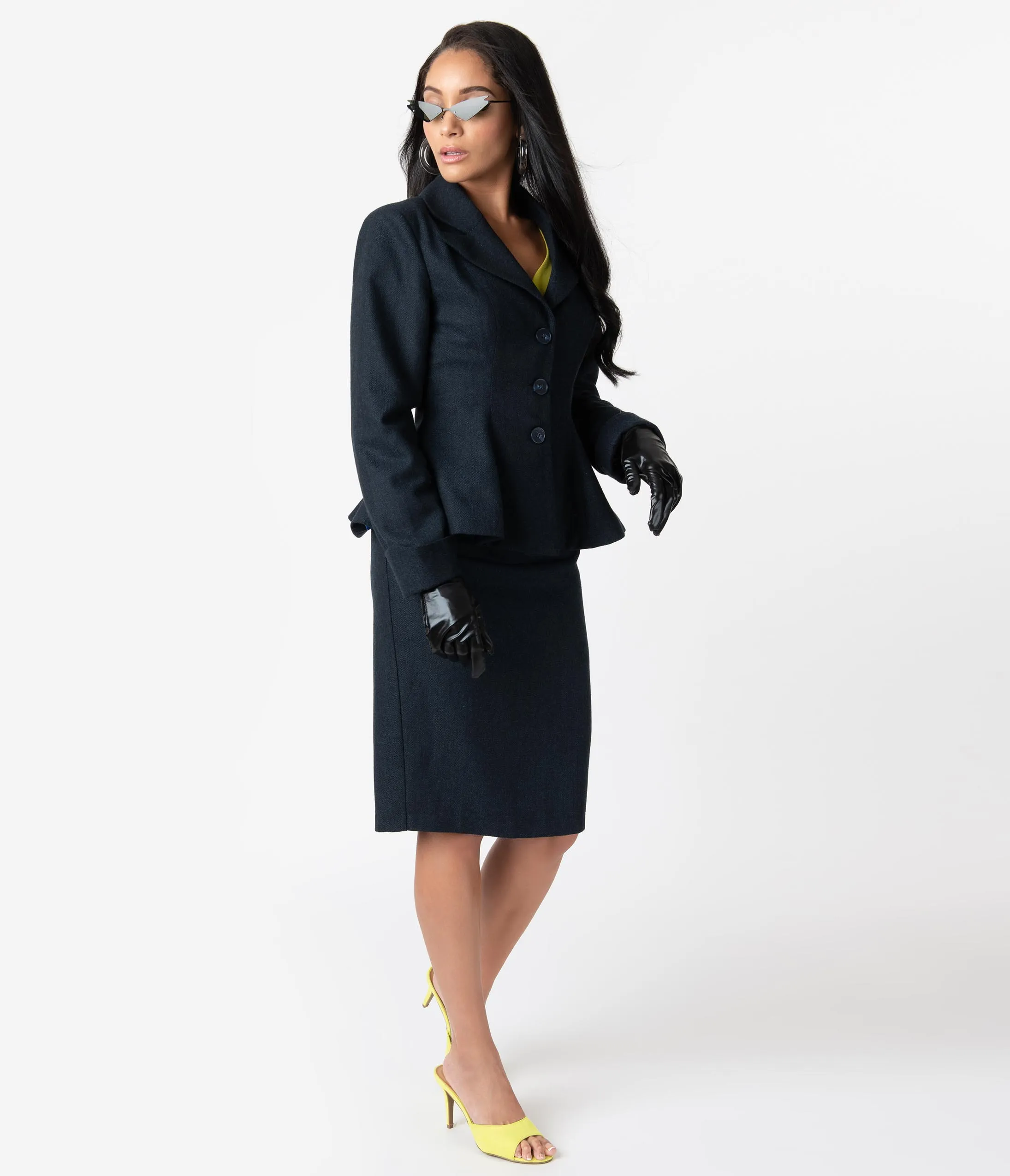 Micheline Pitt For Unique Vintage Navy Tweed Rachael Suit Wiggle Skirt