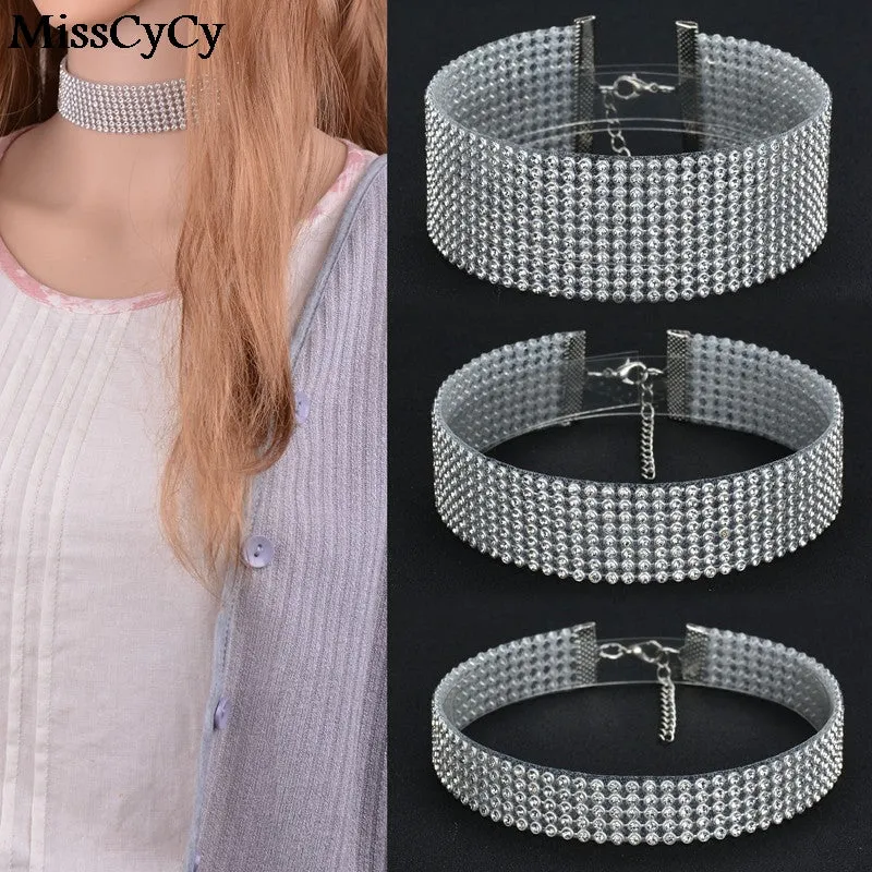 MissCyCy Elegant Wide Crystal Rhinestone Choker Necklace Women Fashion Pave Rhinestones Chokers Jewelry  Gifts