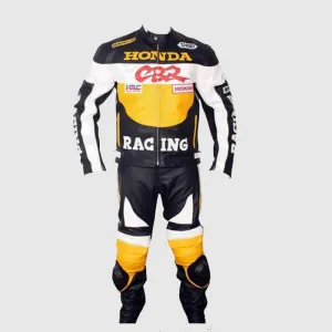 New Mens CBR Honda Best Two Piece MotoGP Leather Suit: Yellow N Black