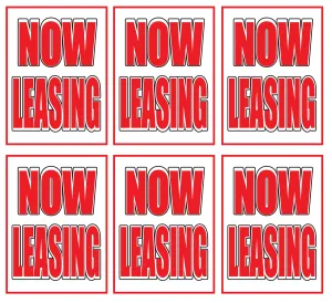 Now Leasing Store Window Display Paper Signs; 18w x 24h - 6 Pack