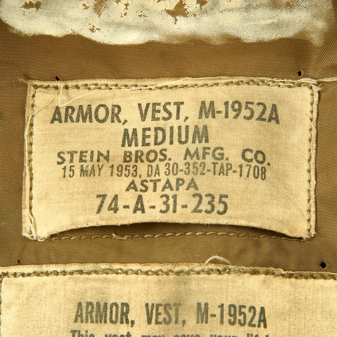 Original U.S. Vietnam War M-1952A Flak Body Armor Vest by Stein Bros - Dated 1953