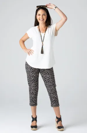 Peach Printed Stretch Rayon Nylon Capri Pants