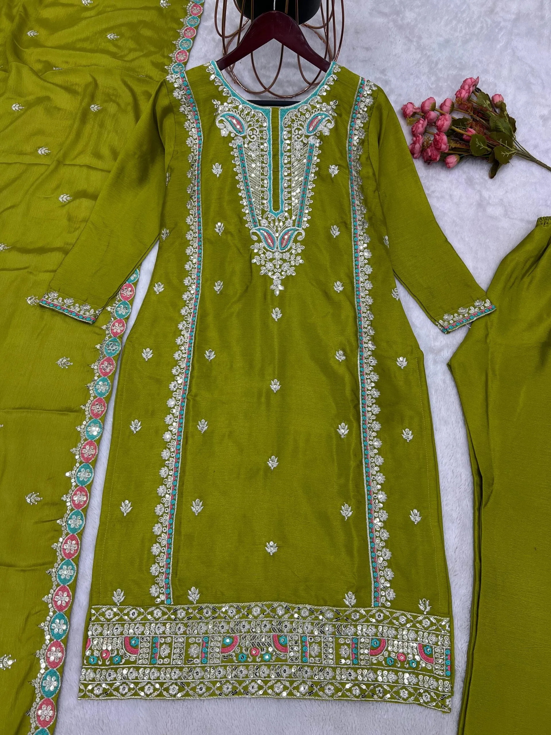 Pretty Olive Green Color Pure Chinon Silk Embroidery Sequence Work Salwar Suits