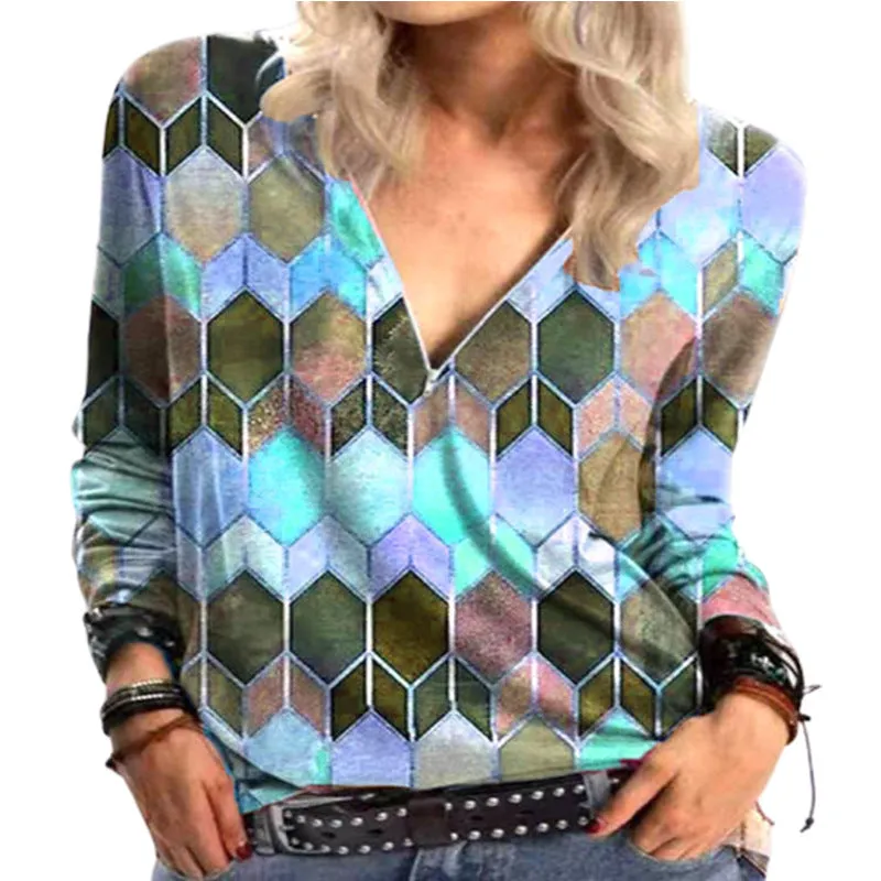 Printed loose V-neck long-sleeved t-shirt