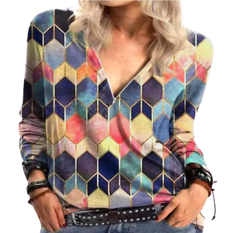 Printed loose V-neck long-sleeved t-shirt