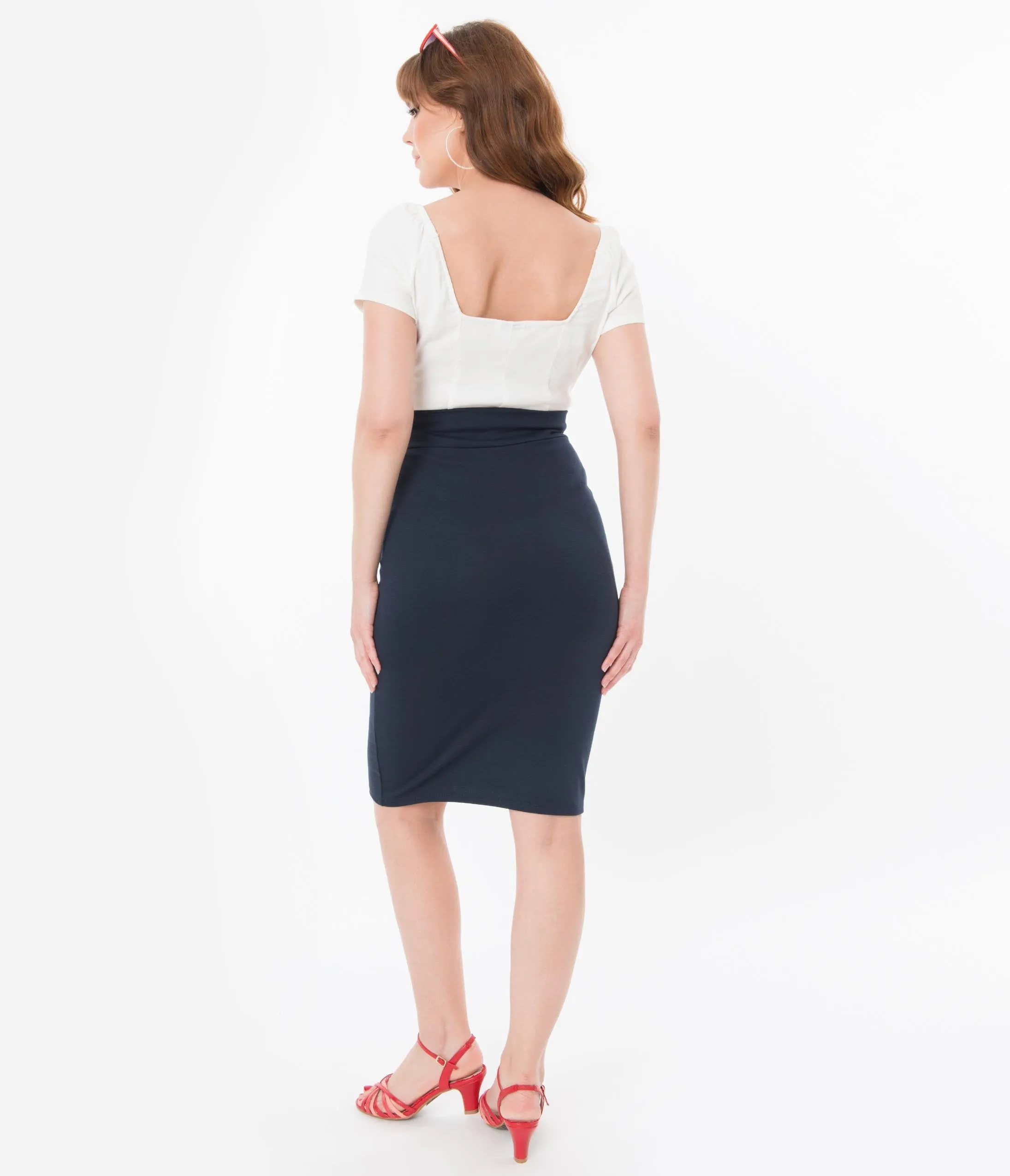 Retro Style Navy Blue High Waisted Wiggle Skirt