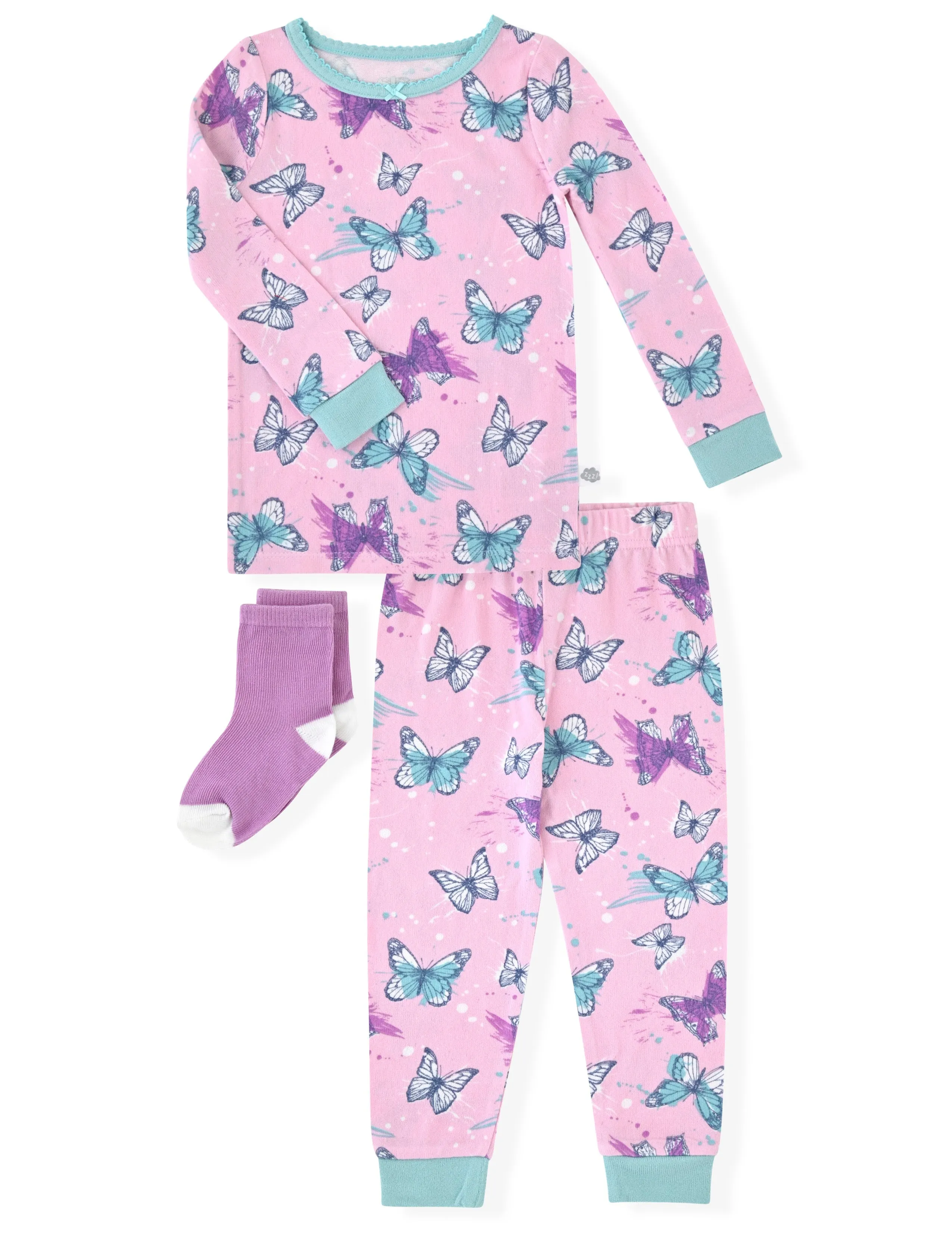 Sleep On It Infant & Toddler Girls 2-Piece Super Soft Jersey Snug-Fit Pajama Set with Matching Socks - Butterfly