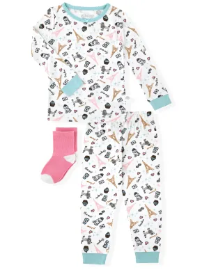 Sleep On It Infant & Toddler Girls 2-Piece Super Soft Jersey Snug-Fit Pajama Set with Matching Socks - Paris