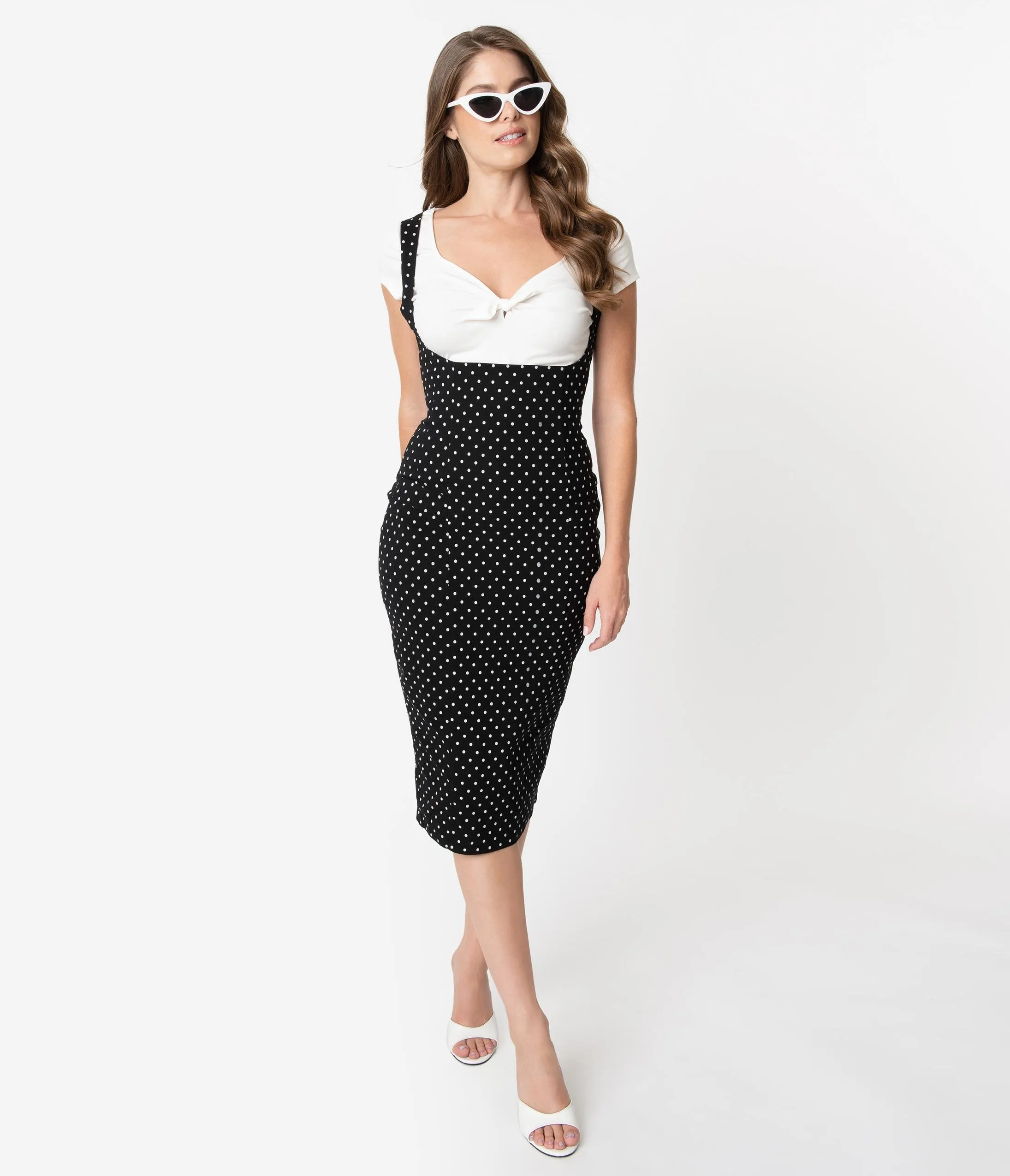 Unique Vintage Black & White Pin Dot Fontaine Suspender Pencil Skirt