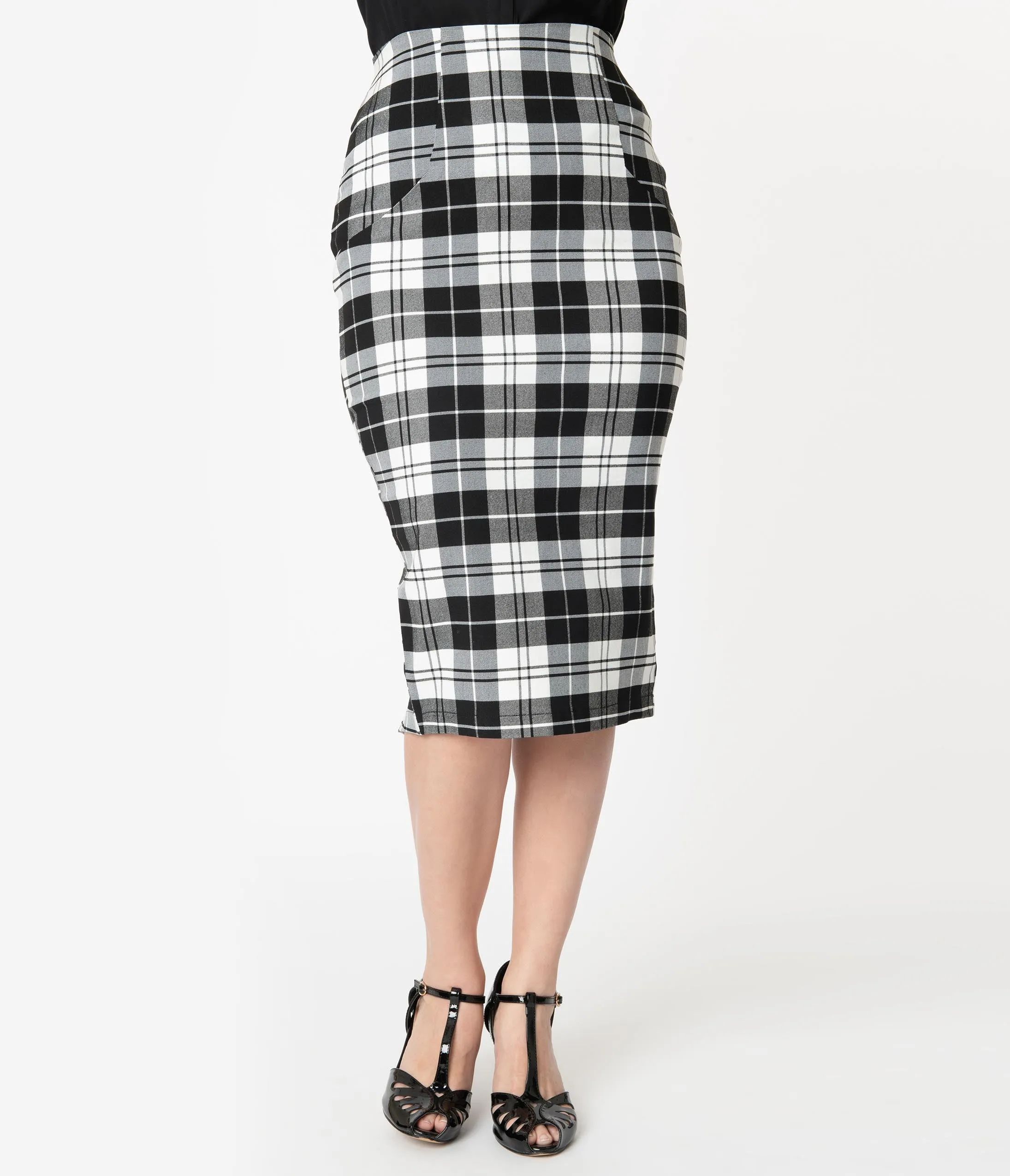 Unique Vintage Black & White Plaid Tracy Wiggle Skirt