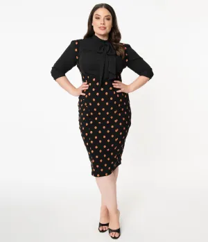 Unique Vintage Plus Size Black & Orange Pumpkin Patch Fontaine Suspender Pencil Skirt