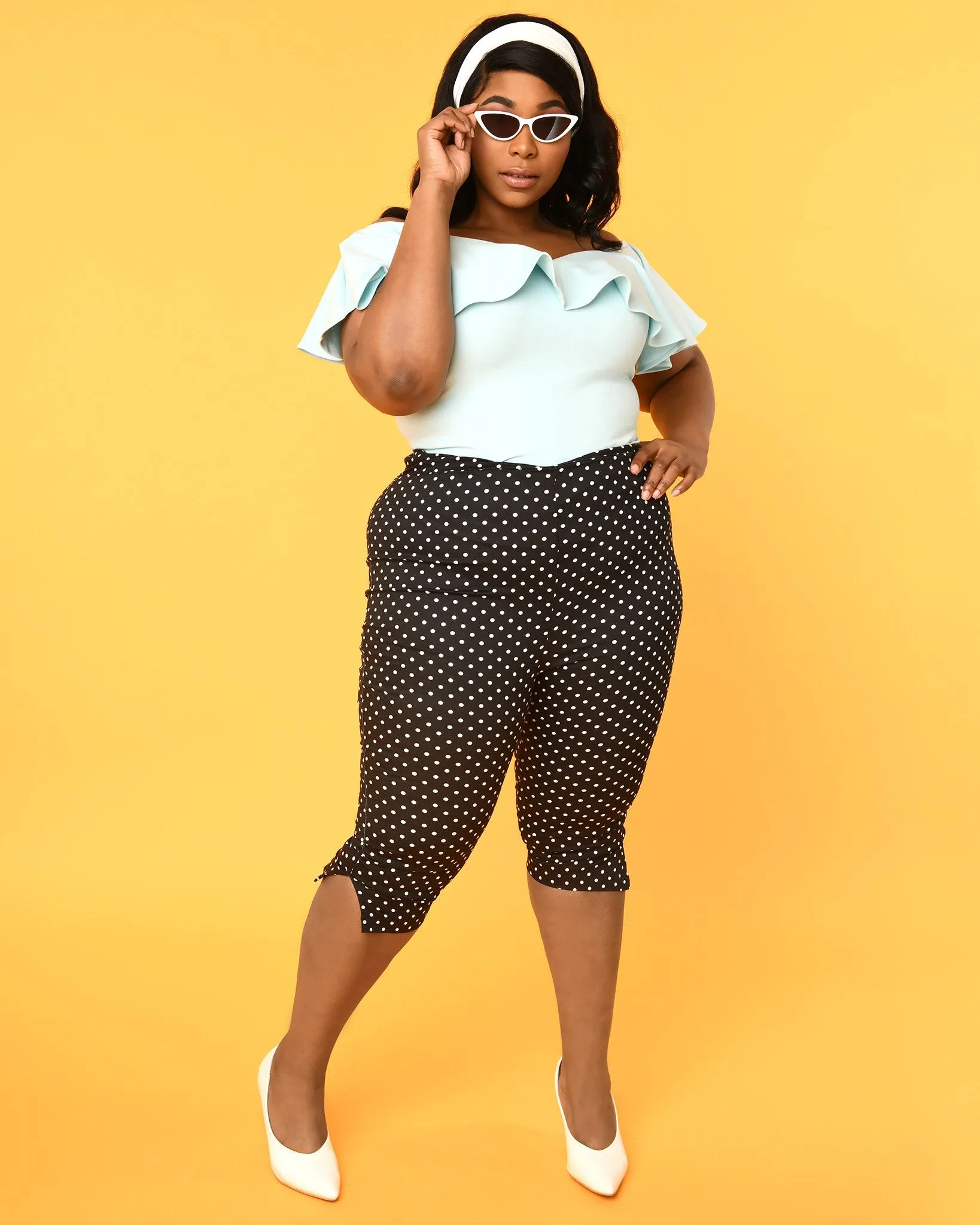 Unique Vintage Plus Size Black & White Pin Dot Rachelle Capri Pants