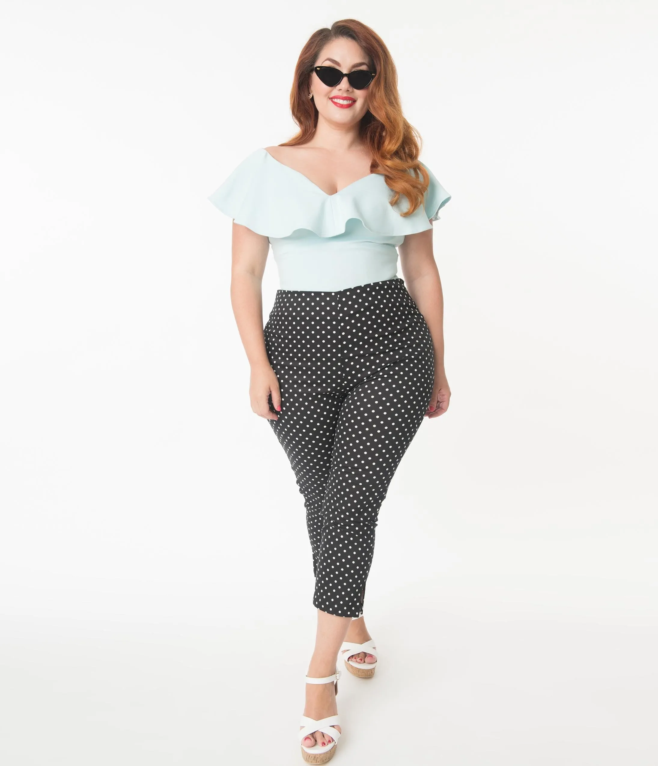 Unique Vintage Plus Size Black & White Pin Dot Rachelle Capri Pants