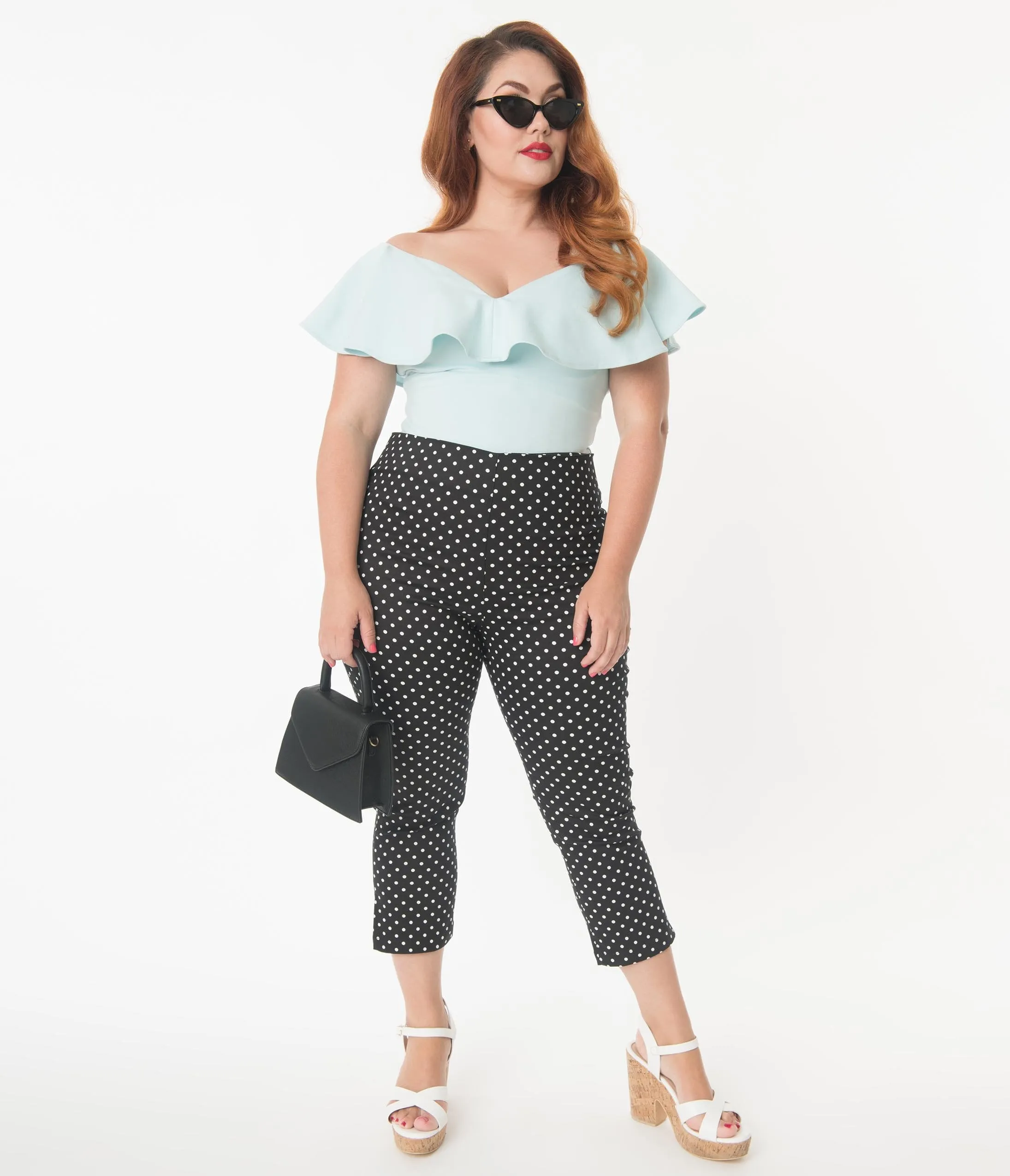 Unique Vintage Plus Size Black & White Pin Dot Rachelle Capri Pants