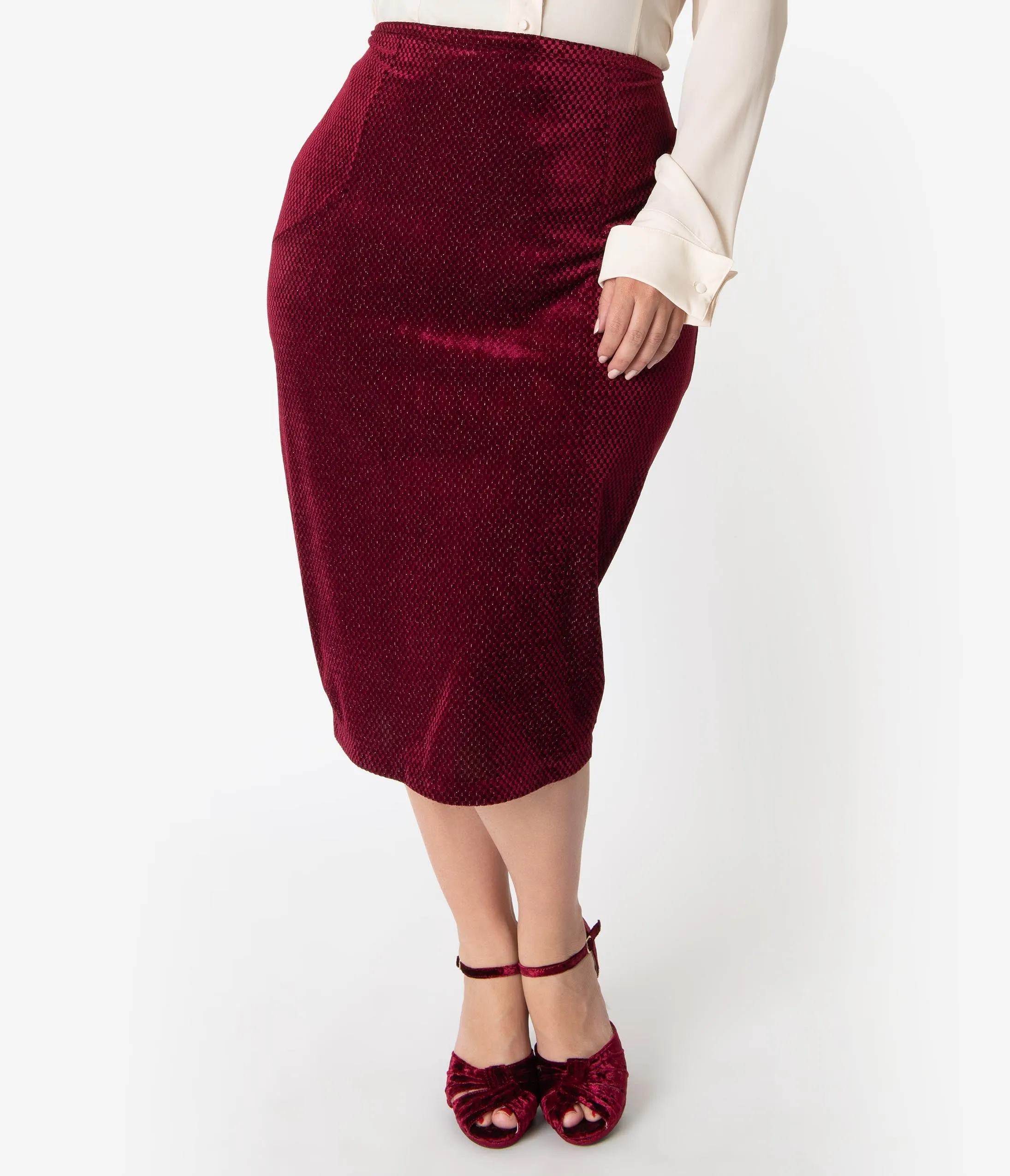 Unique Vintage Plus Size Burgundy Embossed Velvet High Waist Tracy Wiggle Skirt