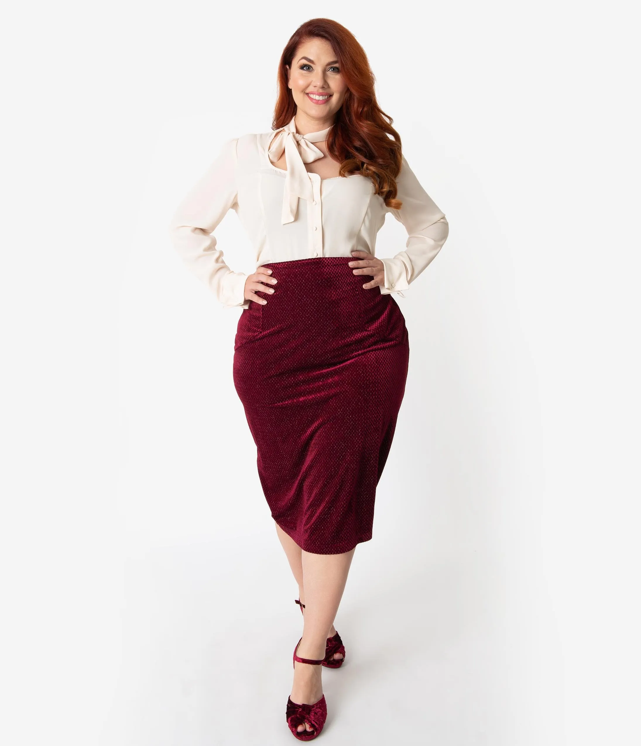 Unique Vintage Plus Size Burgundy Embossed Velvet High Waist Tracy Wiggle Skirt