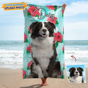 Upload Dog Photo Beach Towel, Personalized Name Dog Pool Towel, Gift for Dog Lover, Dog Beach Towel