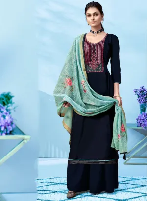 Women Blue Cotton Unstitched Suit Material with Embroidery