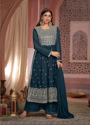 Wonderful Sea Blue Blooming Georgette Embroidered Designer Palazzo Suits For Women