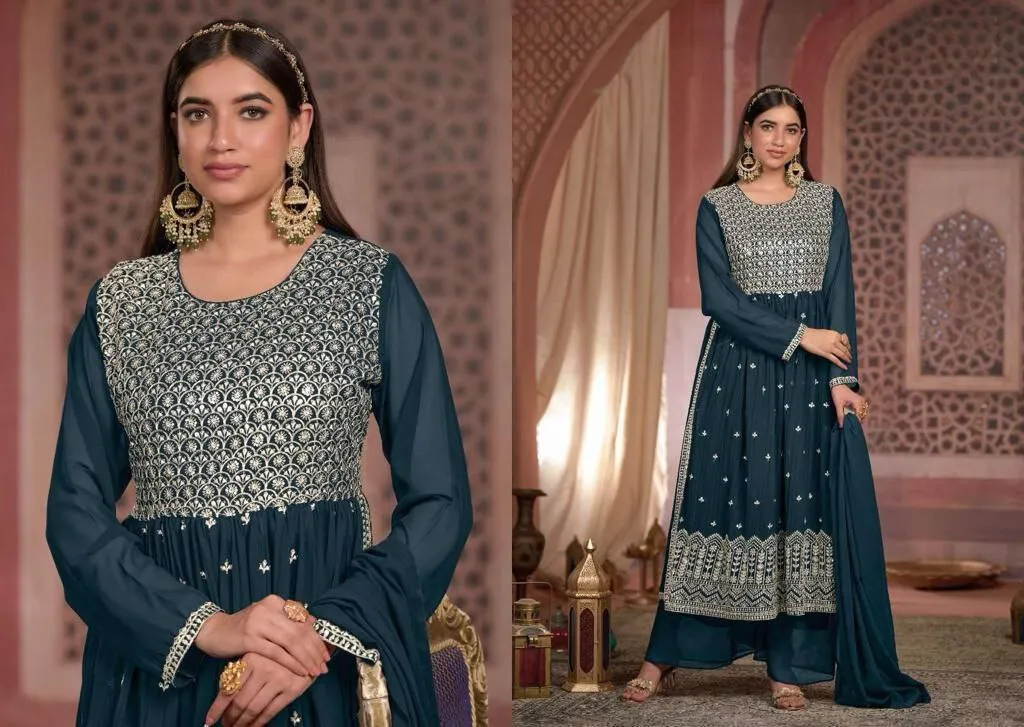 Wonderful Sea Blue Blooming Georgette Embroidered Designer Palazzo Suits For Women